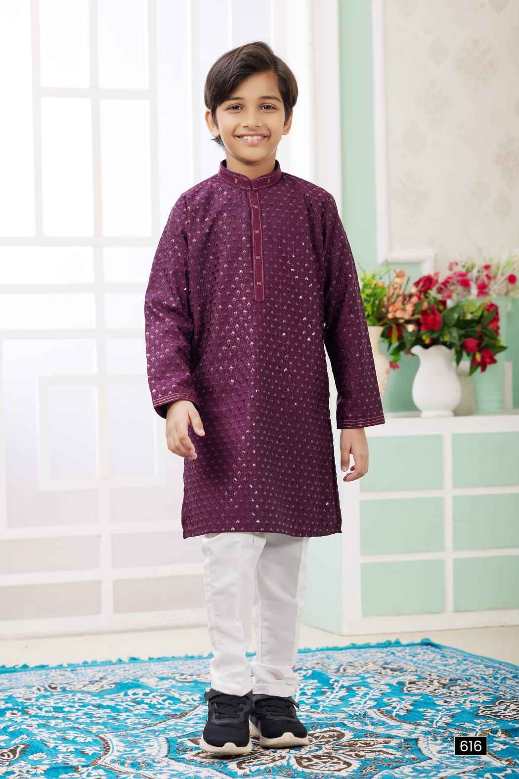Wine Pure Soft Art Banarasi Silk Embroidery Thread Work Boys Kurta Pajama