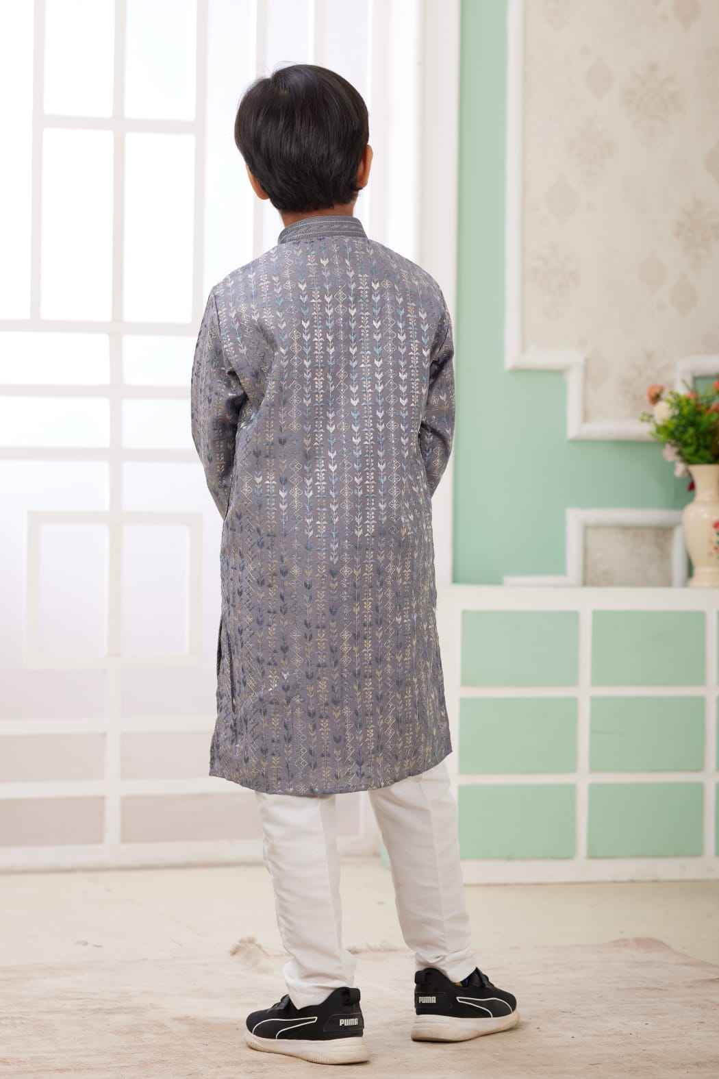 Grey Pure Soft Art Banarasi Silk Embroidery Thread Work Boys Kurta Pajama