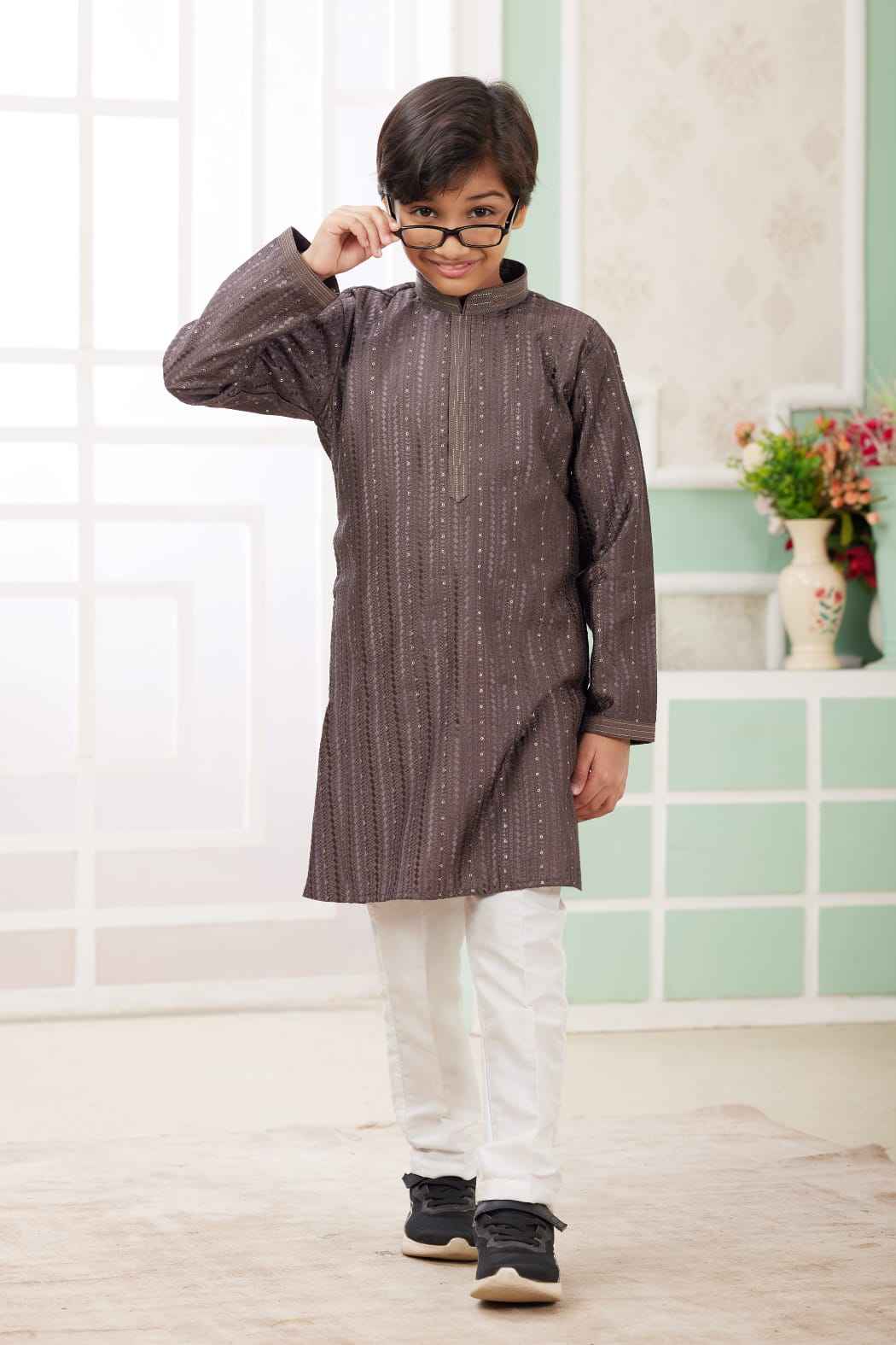 Brown Pure Soft Art Banarasi Silk Embroidery Thread Work Boys Kurta Pajama