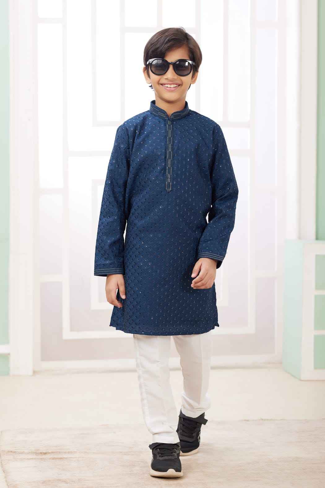 Teal Blue Pure Soft Art Banarasi Silk Embroidery Thread Work Boys Kurta Pajama