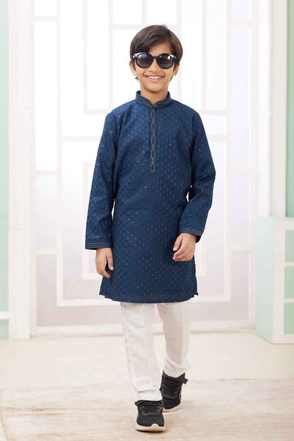 Teal Blue Pure Soft Art Banarasi Silk Embroidery Thread Work Boys Kurta Pajama