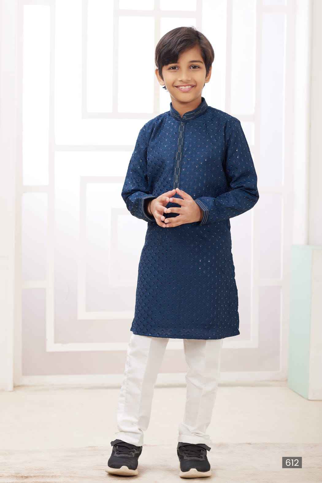Teal Blue Pure Soft Art Banarasi Silk Embroidery Thread Work Boys Kurta Pajama