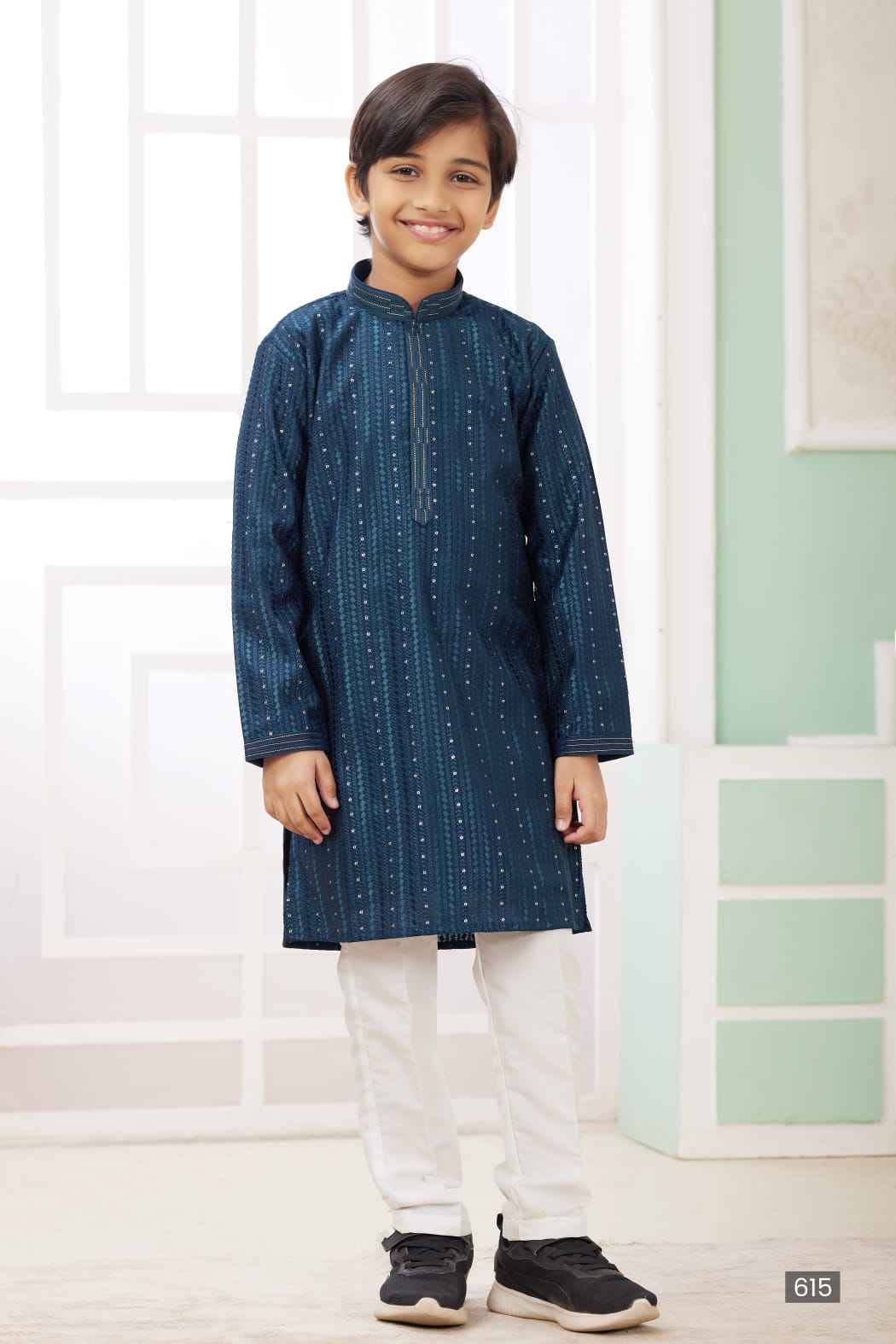 Blue Pure Soft Art Banarasi Silk Embroidery Thread Work Boys Kurta Pajama