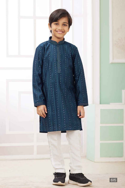 Blue Pure Soft Art Banarasi Silk Embroidery Thread Work Boys Kurta Pajama