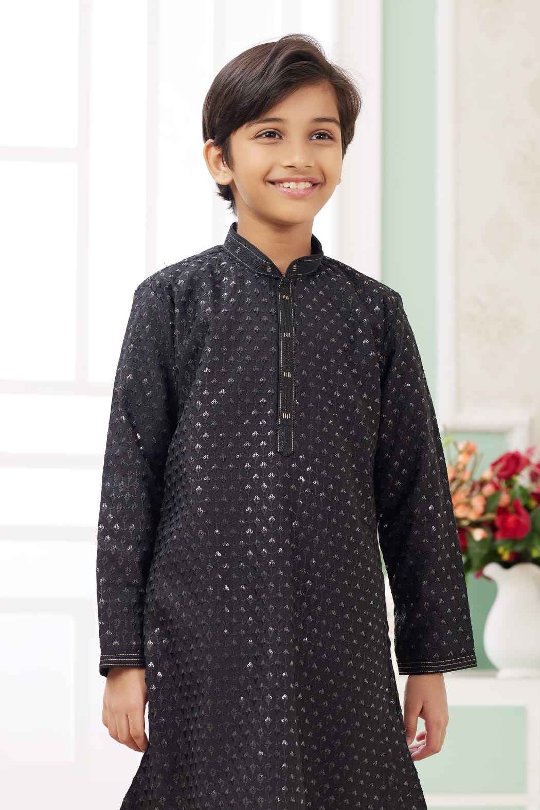 Black Pure Soft Art Banarasi Silk Embroidery Thread Work Boys Kurta Pajama
