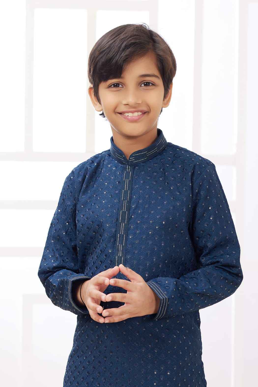 Teal Blue Pure Soft Art Banarasi Silk Embroidery Thread Work Boys Kurta Pajama