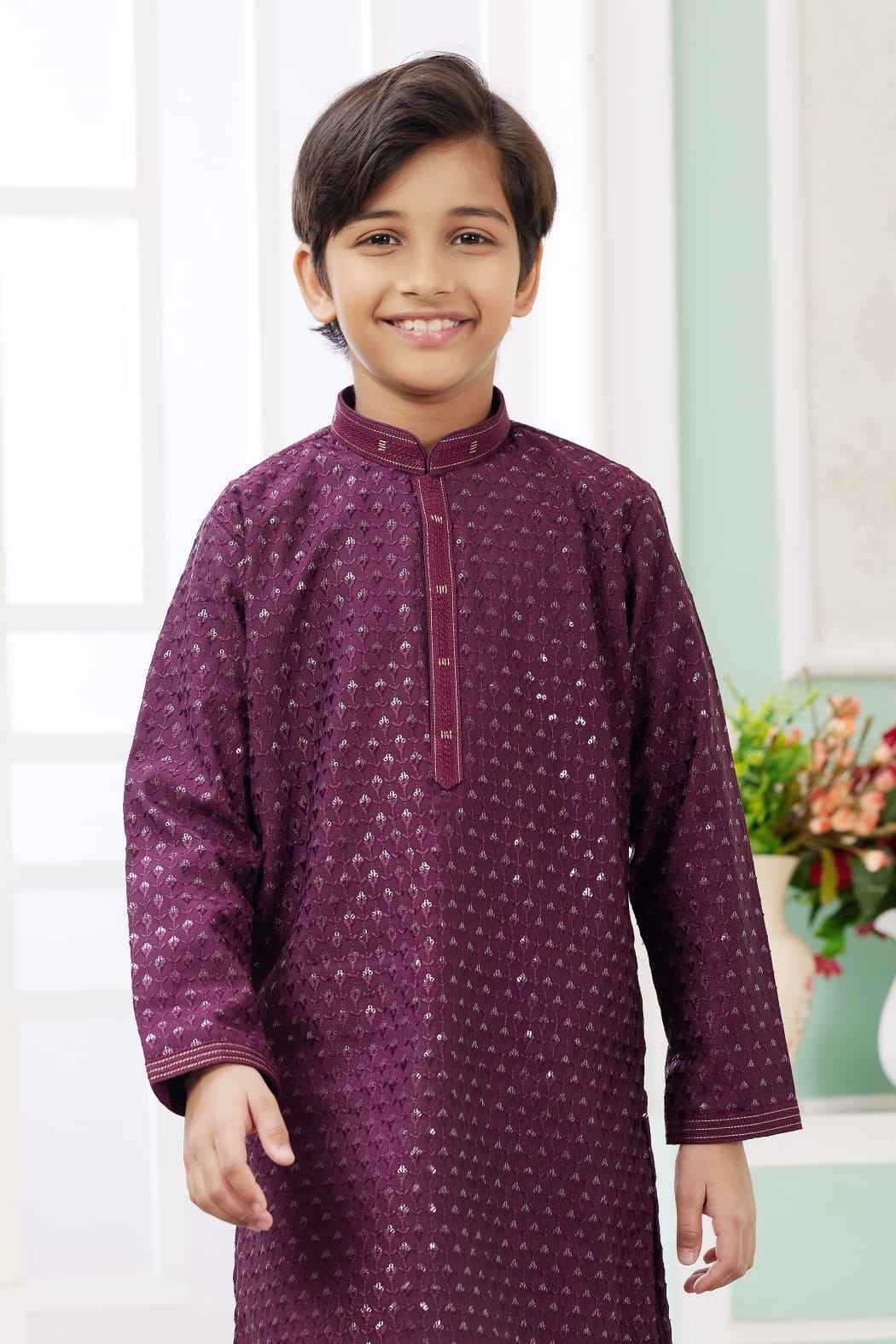 Wine Pure Soft Art Banarasi Silk Embroidery Thread Work Boys Kurta Pajama
