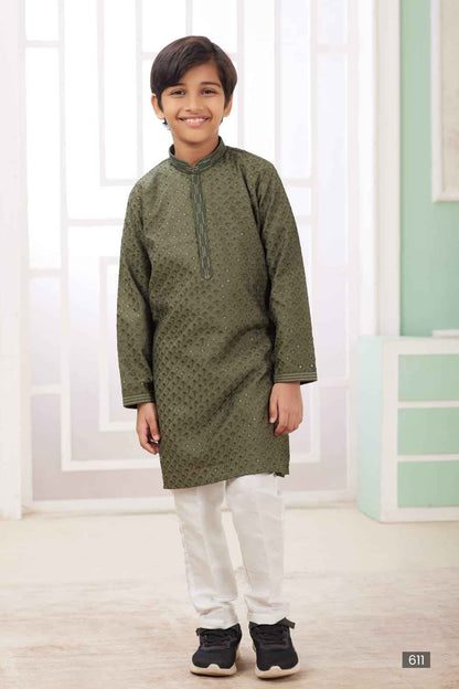 Mehandi Green Pure Soft Art Banarasi Silk Embroidery Thread Work Boys Kurta Pajama