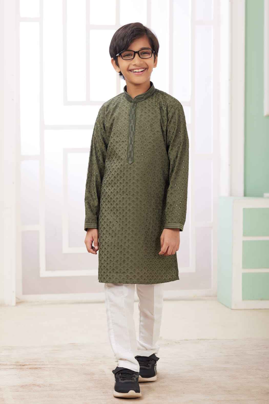 Mehandi Green Pure Soft Art Banarasi Silk Embroidery Thread Work Boys Kurta Pajama