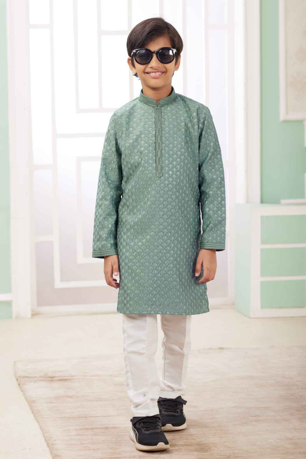 Green Pure Soft Art Banarasi Silk Embroidery Thread Work Boys Kurta Pajama