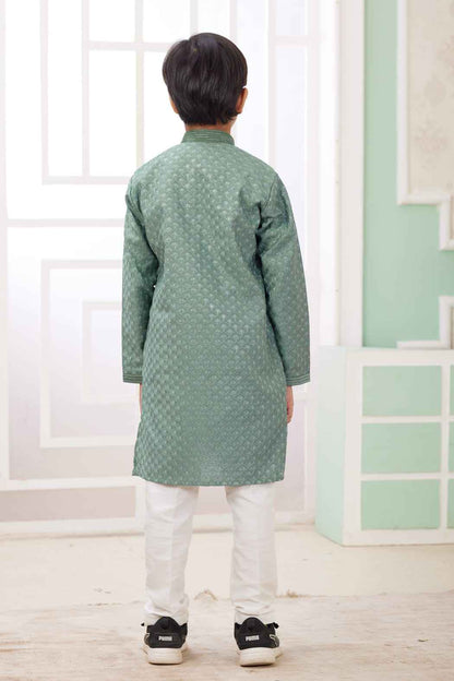 Green Pure Soft Art Banarasi Silk Embroidery Thread Work Boys Kurta Pajama