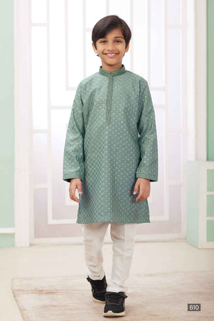 Green Pure Soft Art Banarasi Silk Embroidery Thread Work Boys Kurta Pajama