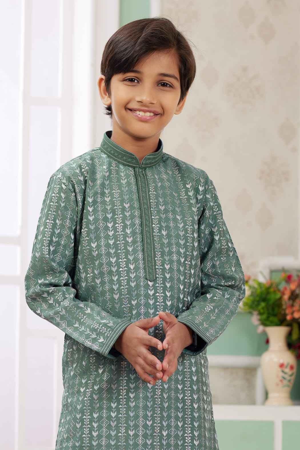 Green Pure Soft Art Banarasi Silk Embroidery Thread Work Boys Kurta Pajama