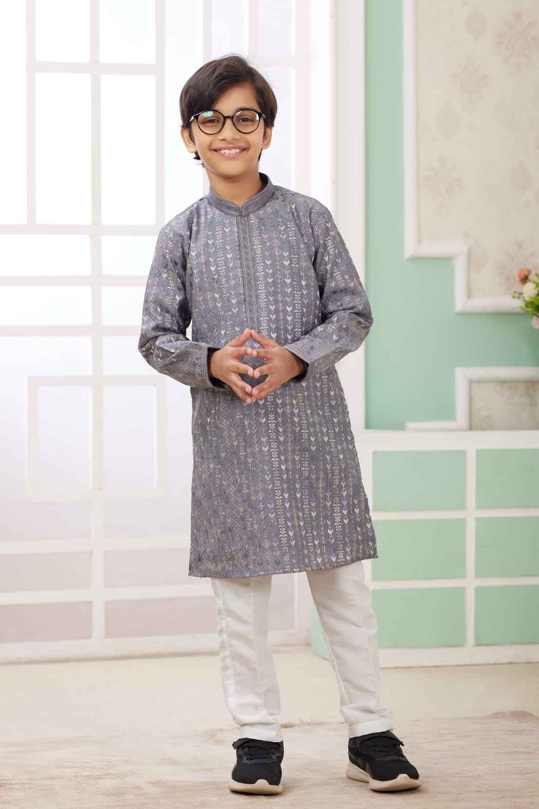 Grey Pure Soft Art Banarasi Silk Embroidery Thread Work Boys Kurta Pajama