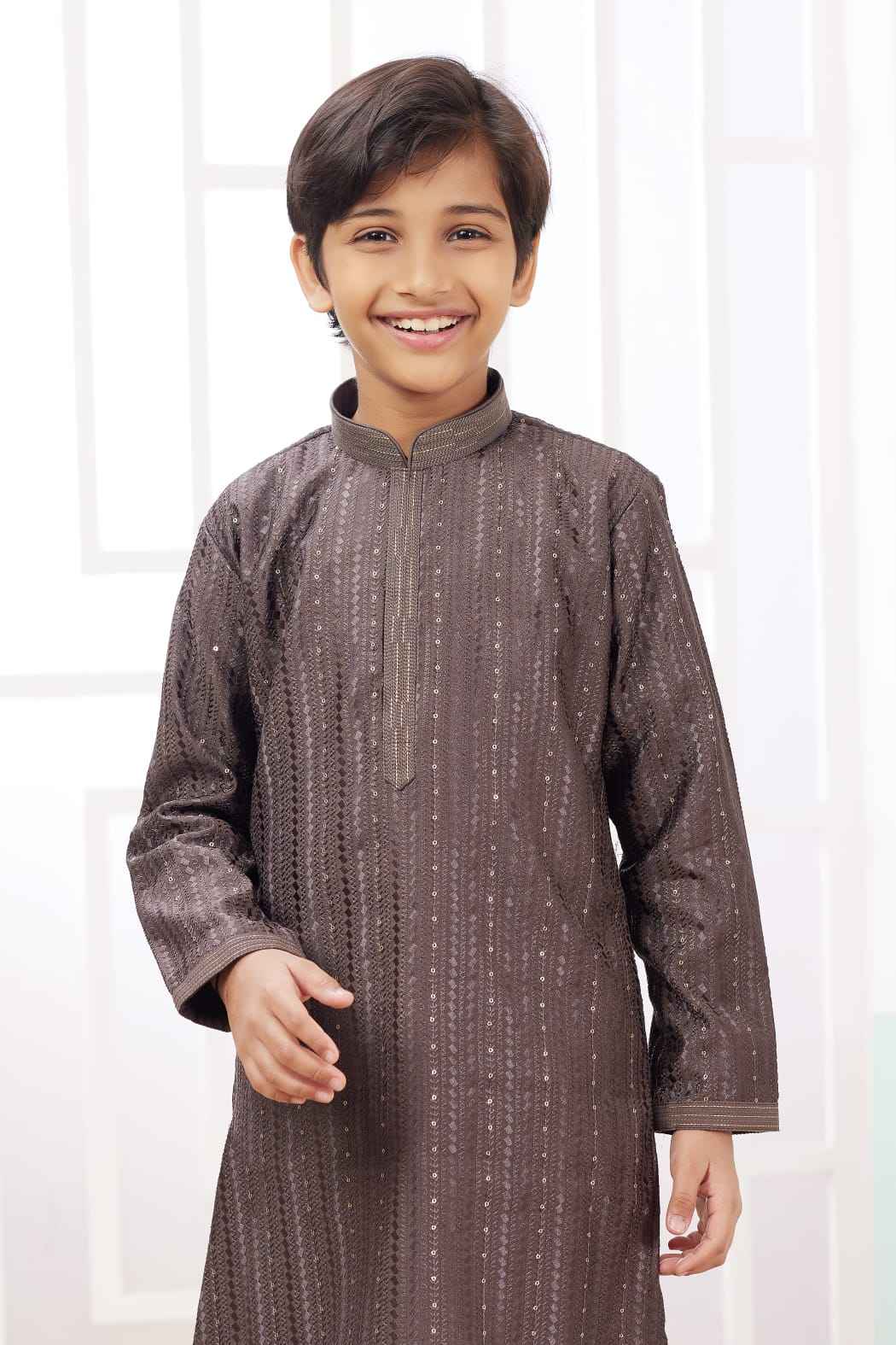 Brown Pure Soft Art Banarasi Silk Embroidery Thread Work Boys Kurta Pajama
