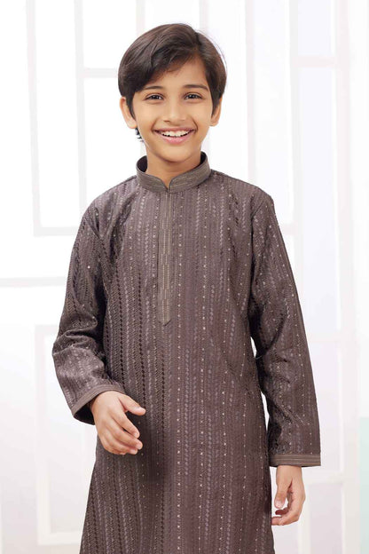 Brown Pure Soft Art Banarasi Silk Embroidery Thread Work Boys Kurta Pajama