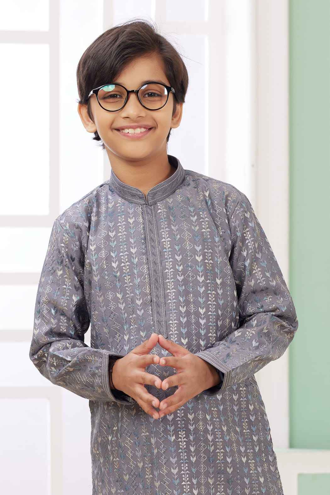 Grey Pure Soft Art Banarasi Silk Embroidery Thread Work Boys Kurta Pajama