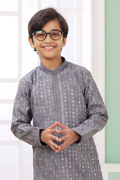 Grey Pure Soft Art Banarasi Silk Embroidery Thread Work Boys Kurta Pajama