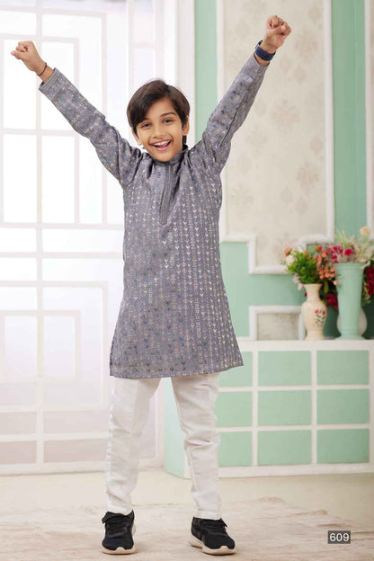Grey Pure Soft Art Banarasi Silk Embroidery Thread Work Boys Kurta Pajama