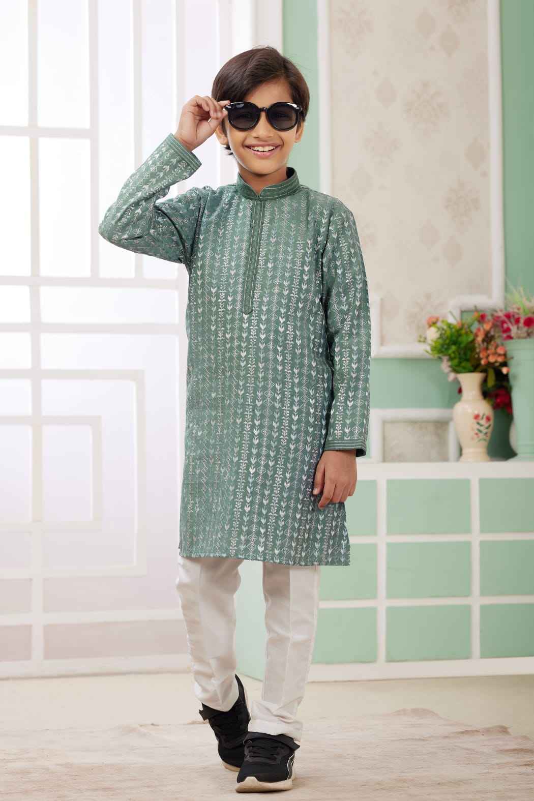 Green Pure Soft Art Banarasi Silk Embroidery Thread Work Boys Kurta Pajama