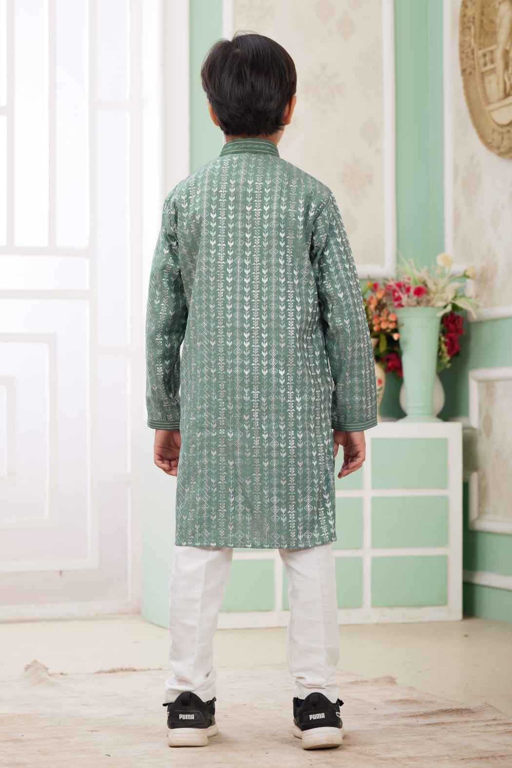 Green Pure Soft Art Banarasi Silk Embroidery Thread Work Boys Kurta Pajama