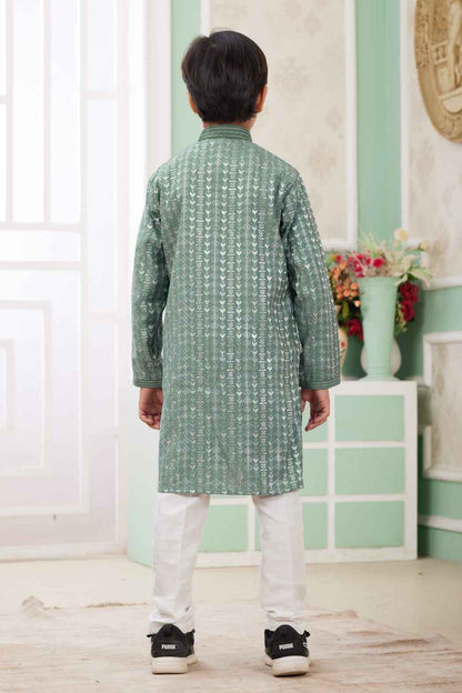 Green Pure Soft Art Banarasi Silk Embroidery Thread Work Boys Kurta Pajama