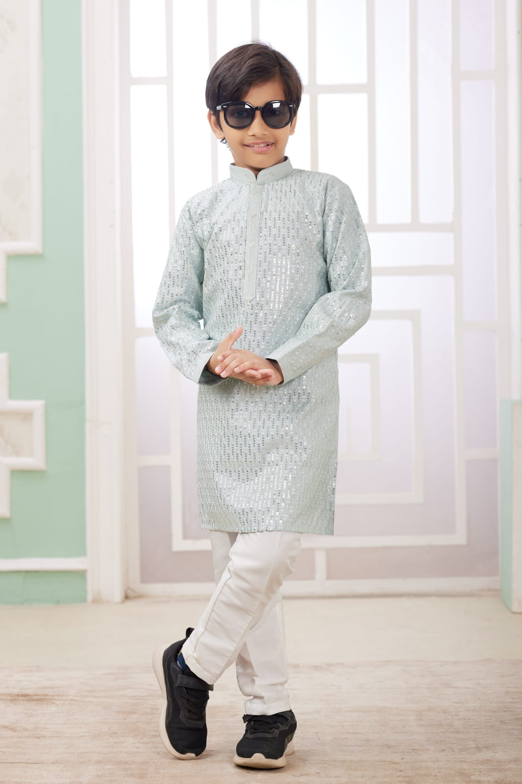 Mint Green Pure Soft Art Banarasi Silk Embroidery Thread Work Boys Kurta Pajama