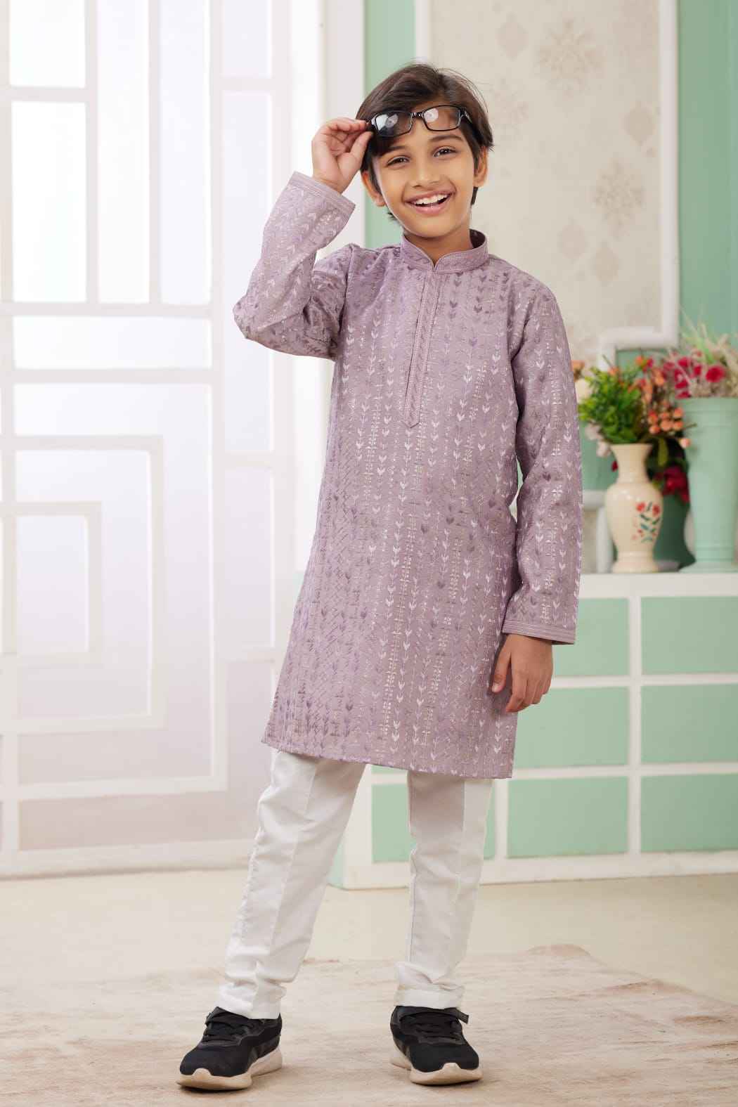 Lailac Pure Soft Art Banarasi Silk Embroidery Thread Work Boys Kurta Pajama