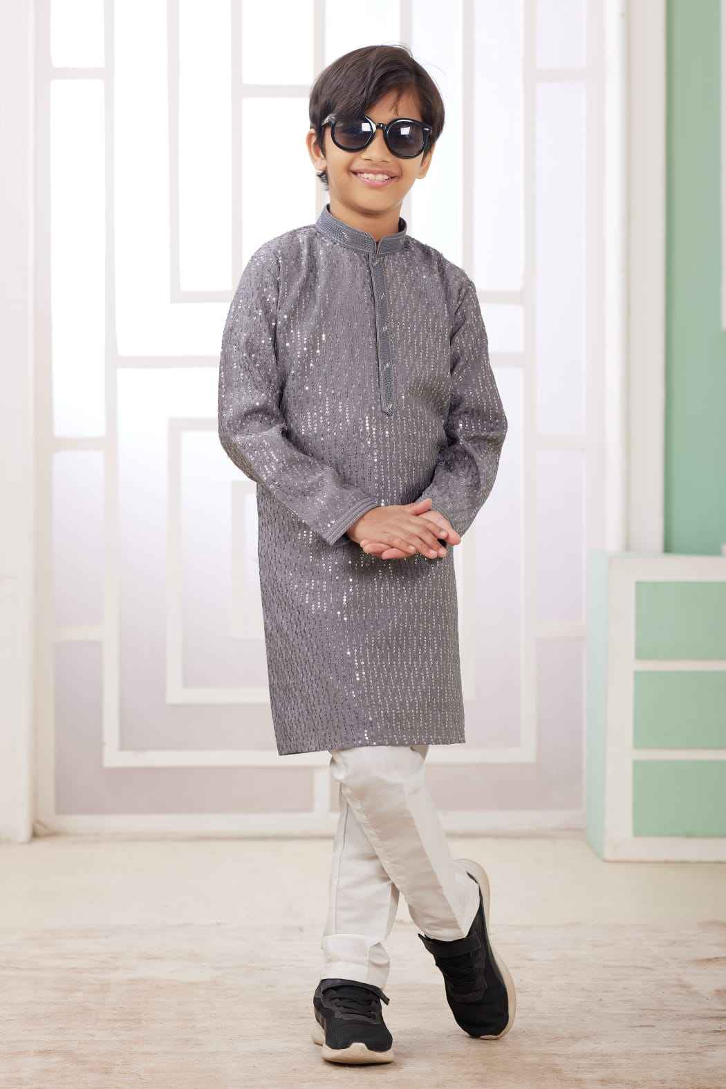 Grey Pure Soft Art Banarasi Silk Embroidery Thread Work Boys Kurta Pajama