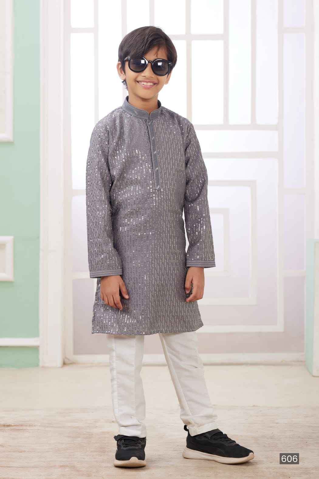 Grey Pure Soft Art Banarasi Silk Embroidery Thread Work Boys Kurta Pajama