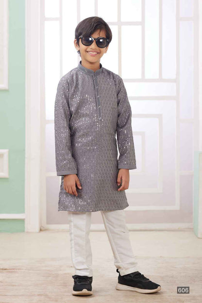 Grey Pure Soft Art Banarasi Silk Embroidery Thread Work Boys Kurta Pajama
