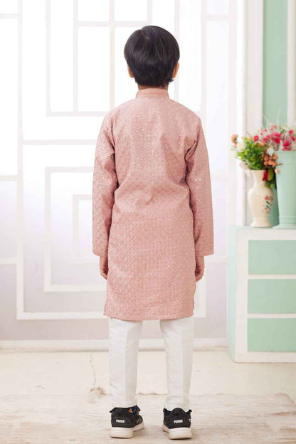 Peach Pure Soft Art Banarasi Silk Embroidery Thread Work Boys Kurta Pajama