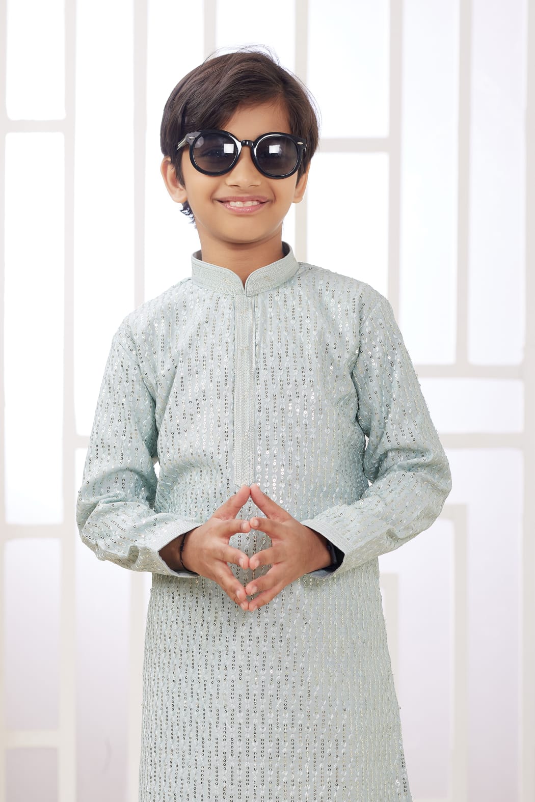 Mint Green Pure Soft Art Banarasi Silk Embroidery Thread Work Boys Kurta Pajama