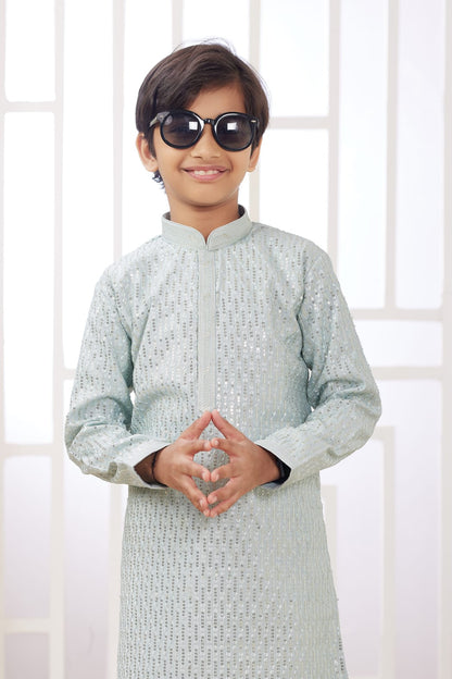 Mint Green Pure Soft Art Banarasi Silk Embroidery Thread Work Boys Kurta Pajama