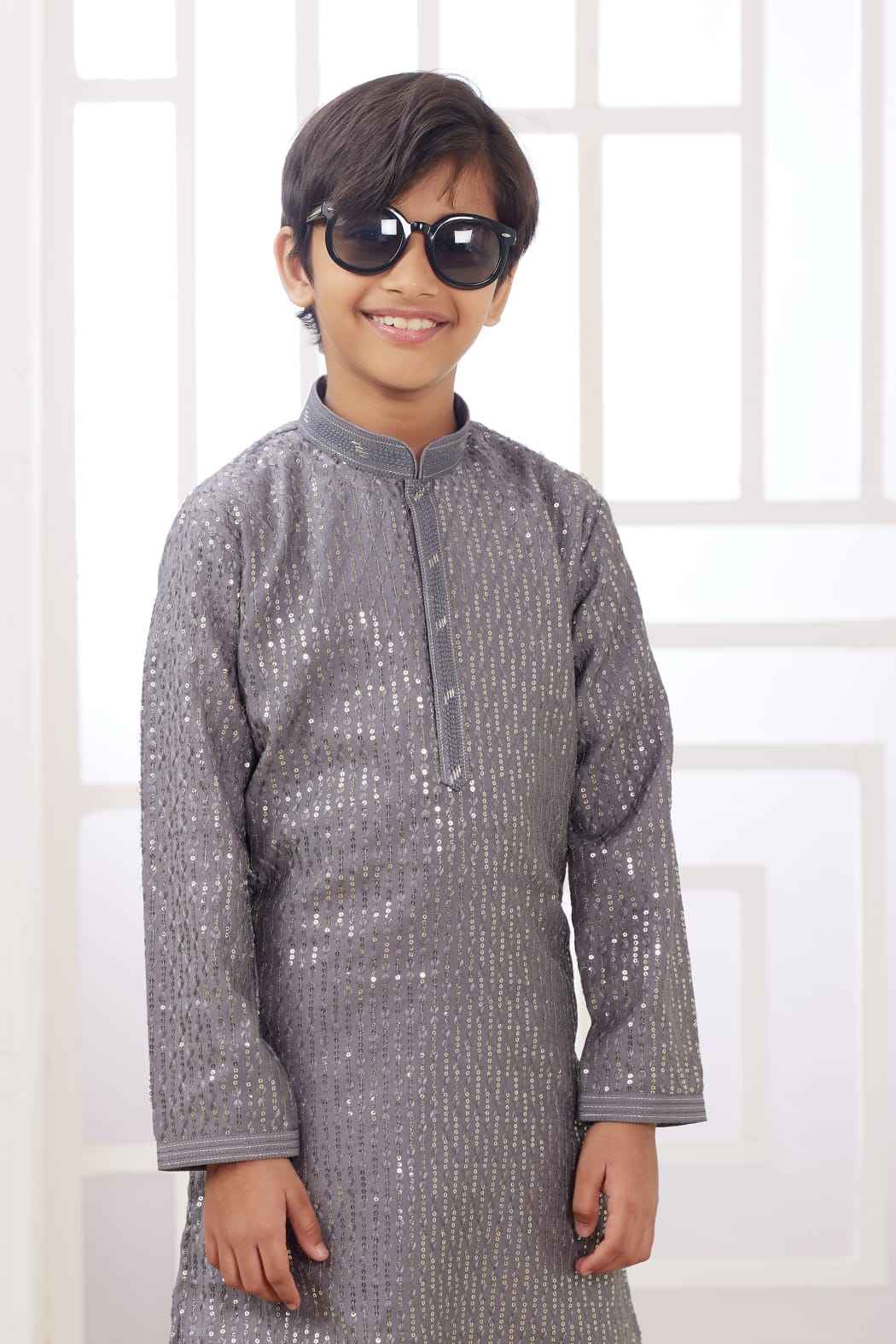 Grey Pure Soft Art Banarasi Silk Embroidery Thread Work Boys Kurta Pajama
