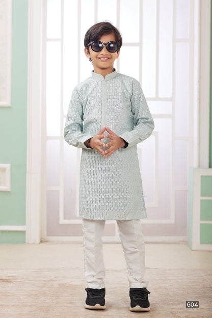 Mint Green Pure Soft Art Banarasi Silk Embroidery Thread Work Boys Kurta Pajama