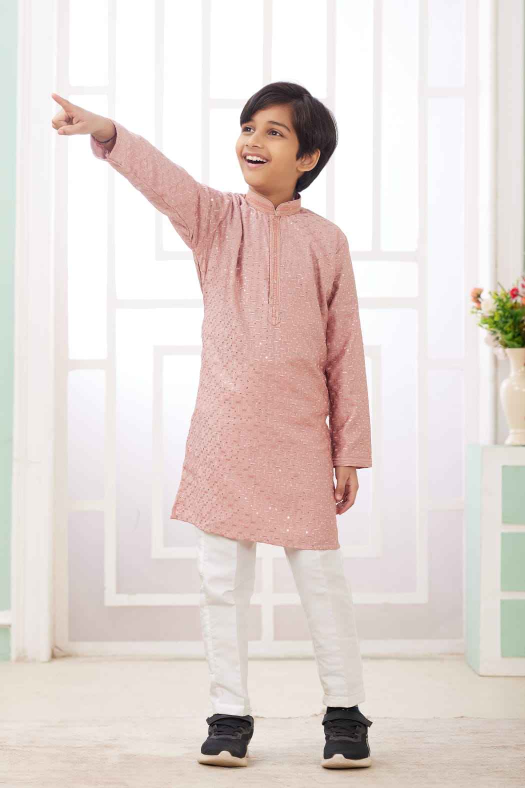 Peach Pure Soft Art Banarasi Silk Embroidery Thread Work Boys Kurta Pajama