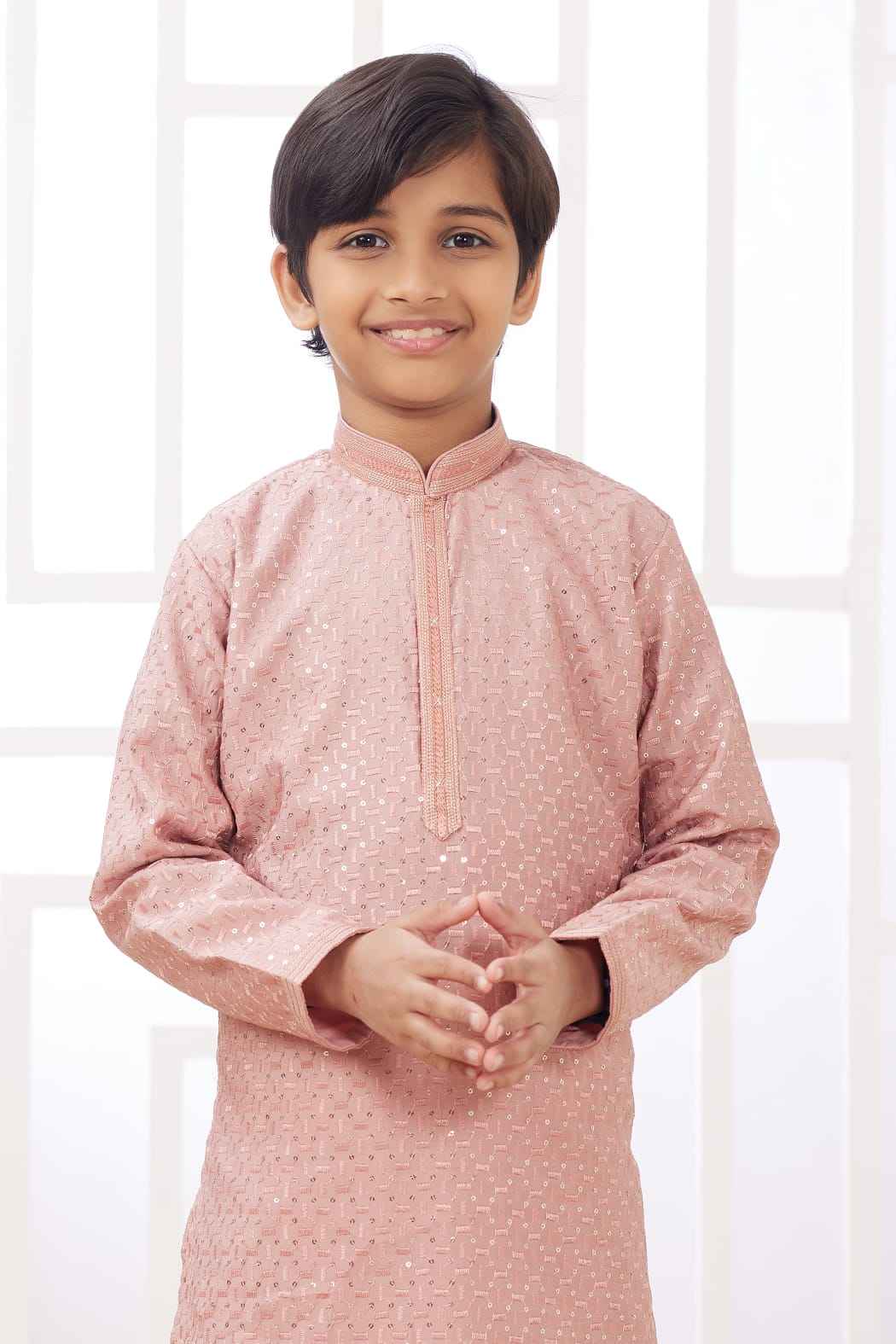 Peach Pure Soft Art Banarasi Silk Embroidery Thread Work Boys Kurta Pajama
