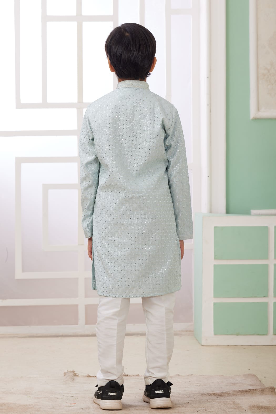 Mint Green Pure Soft Art Banarasi Silk Embroidery Thread Work Boys Kurta Pajama