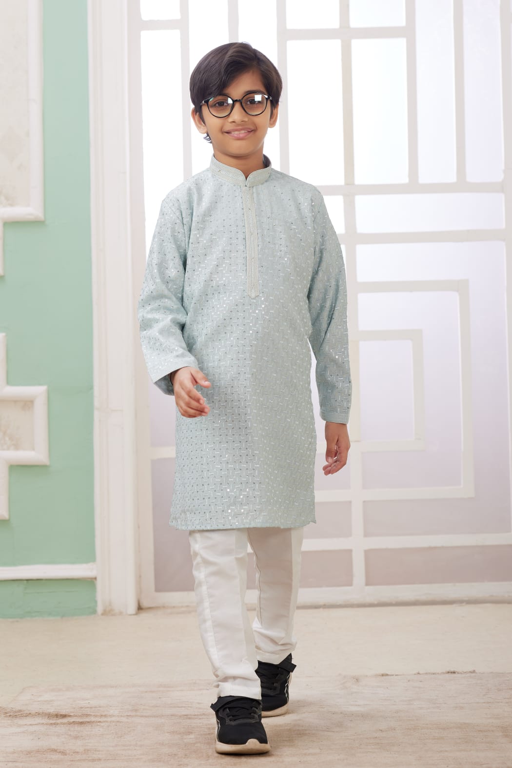 Mint Green Pure Soft Art Banarasi Silk Embroidery Thread Work Boys Kurta Pajama