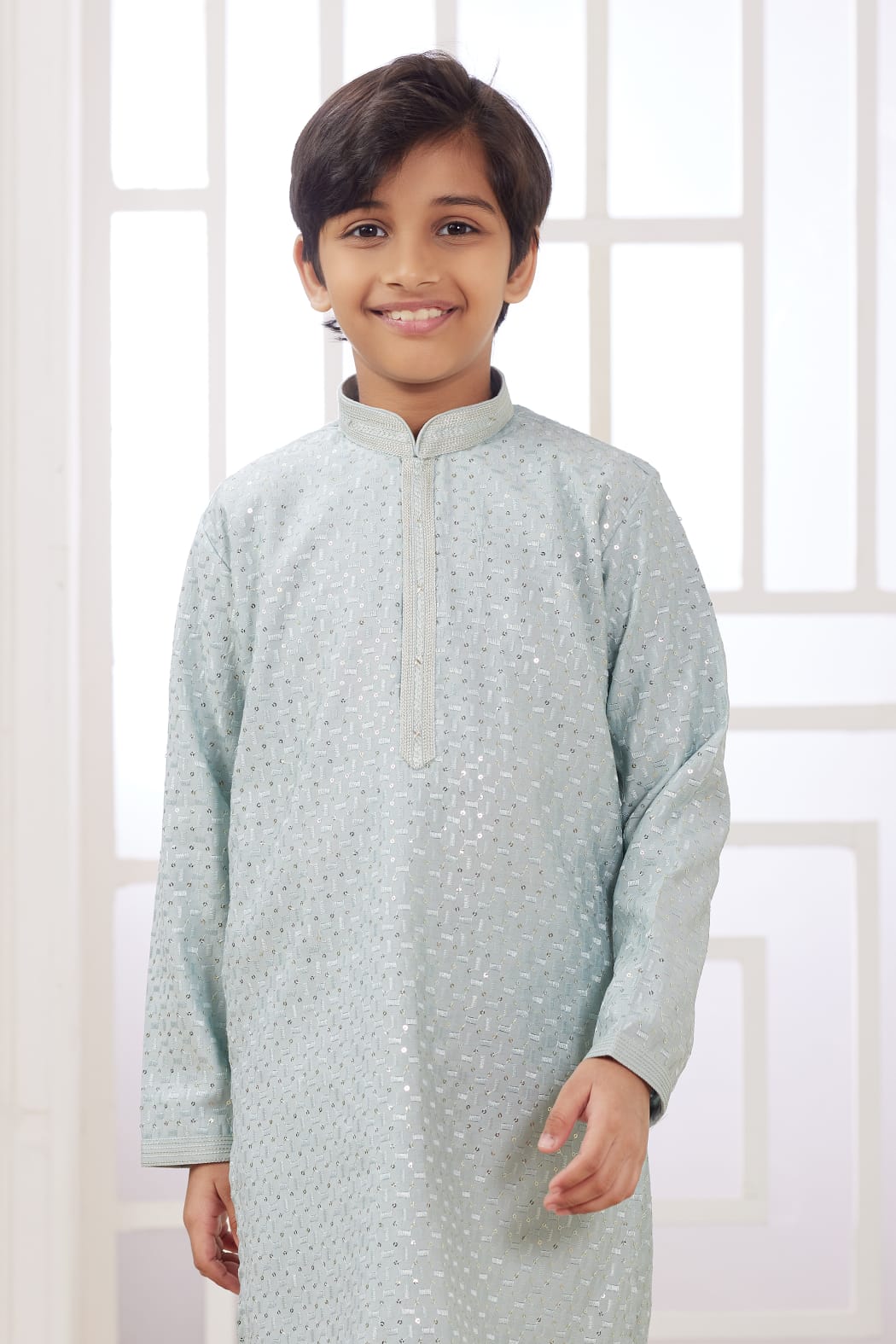Mint Green Pure Soft Art Banarasi Silk Embroidery Thread Work Boys Kurta Pajama