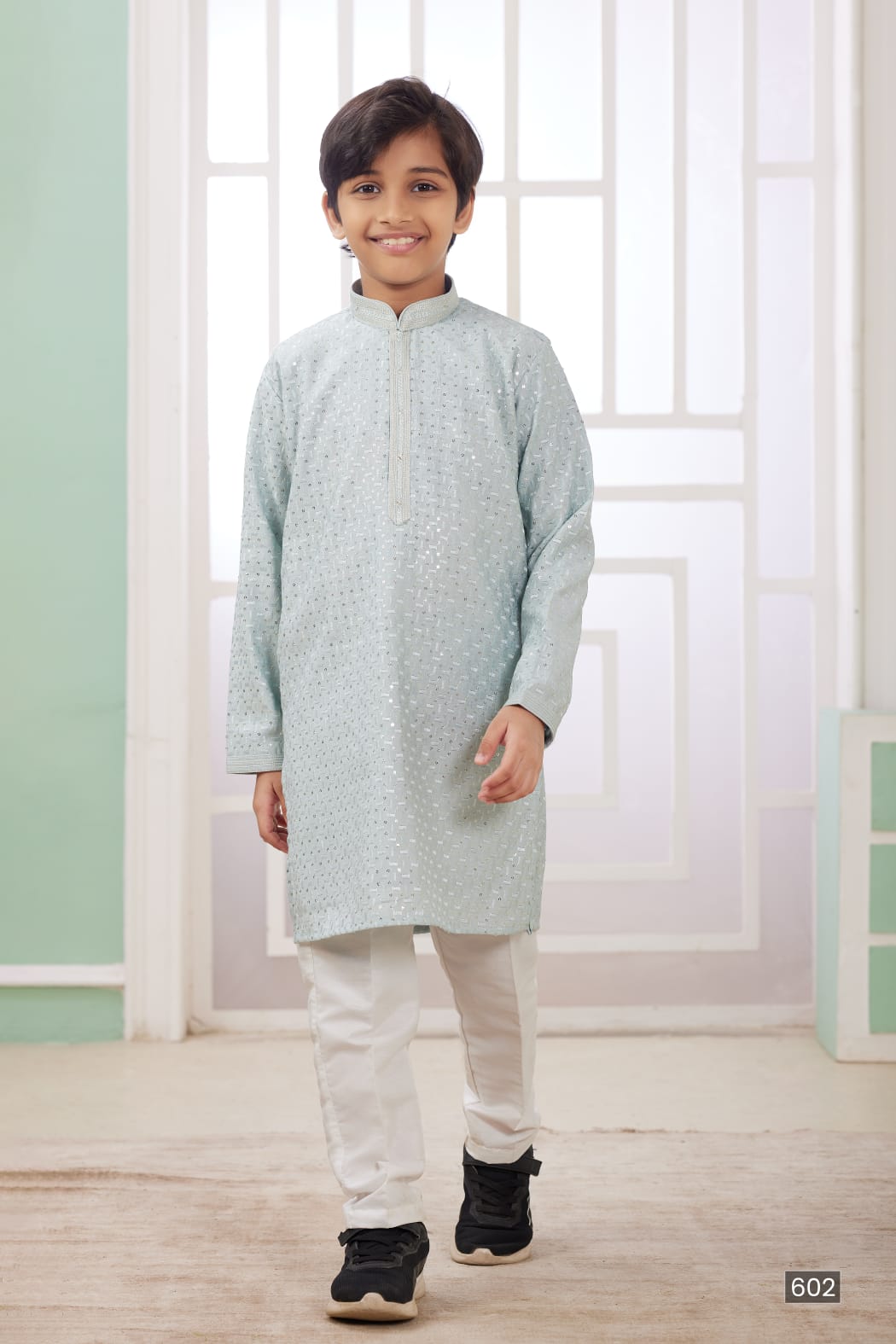 Mint Green Pure Soft Art Banarasi Silk Embroidery Thread Work Boys Kurta Pajama