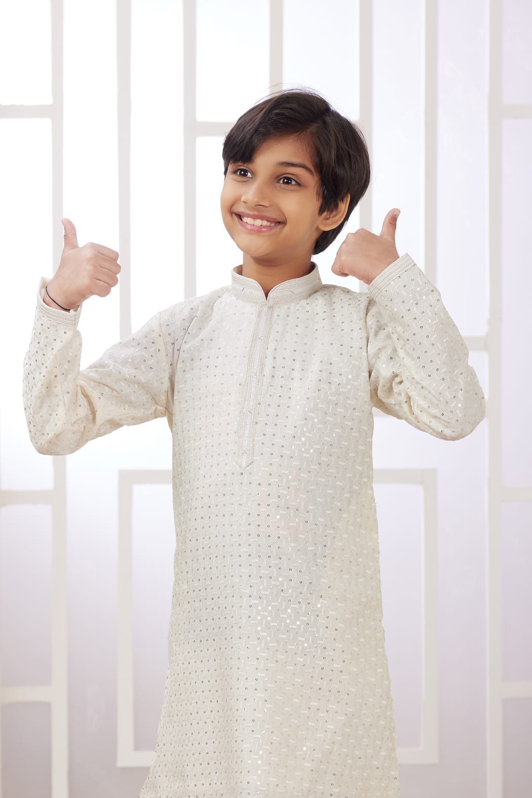 Cream Pure Soft Art Banarasi Silk Embroidery Thread Work Boys Kurta Pajama