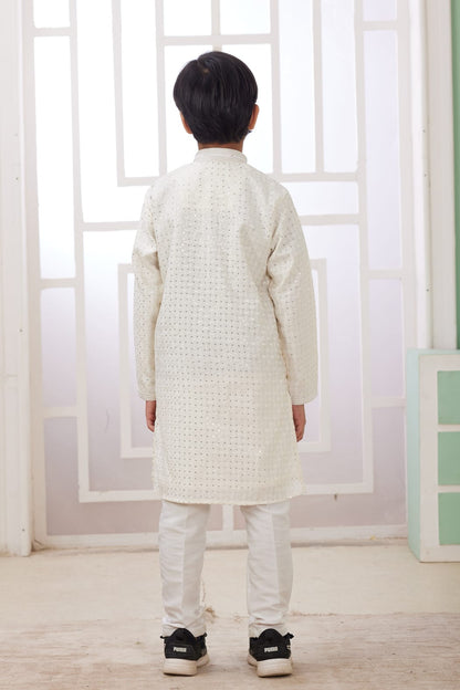 Cream Pure Soft Art Banarasi Silk Embroidery Thread Work Boys Kurta Pajama