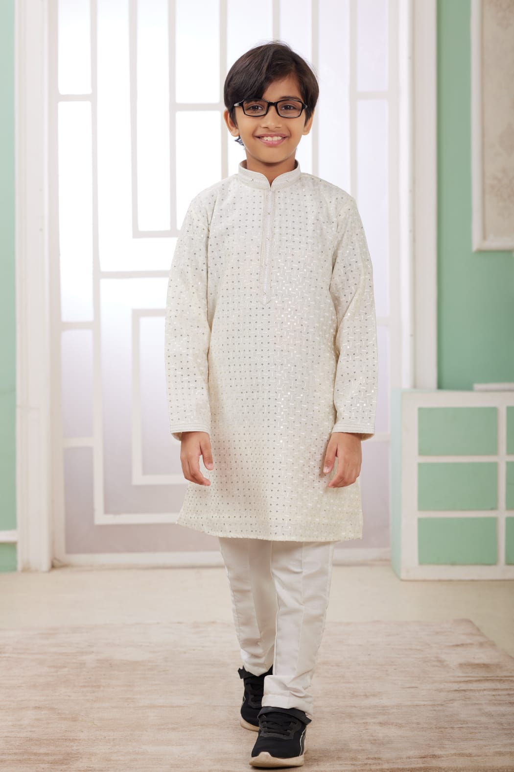 Cream Pure Soft Art Banarasi Silk Embroidery Thread Work Boys Kurta Pajama