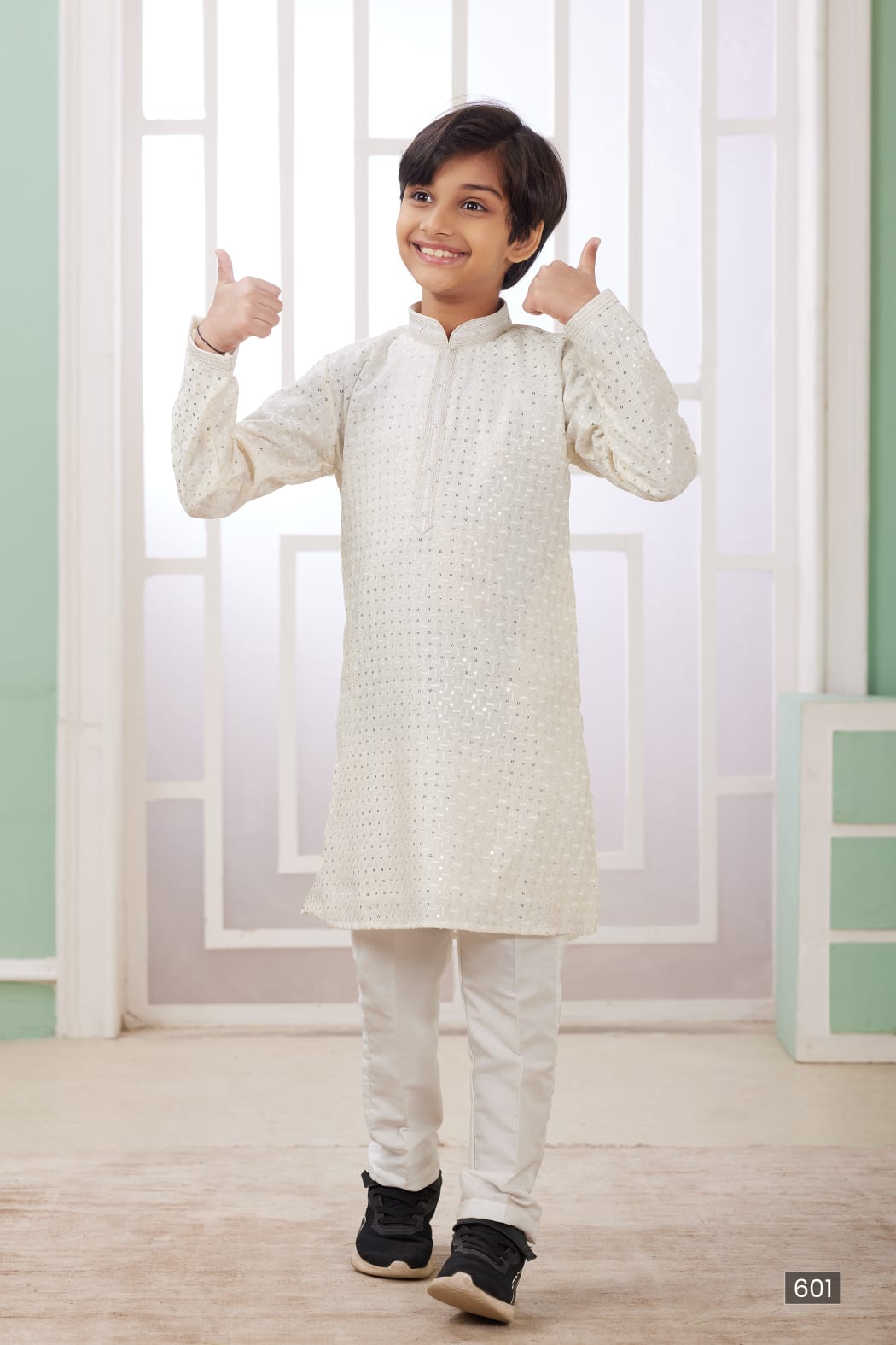 Cream Pure Soft Art Banarasi Silk Embroidery Thread Work Boys Kurta Pajama