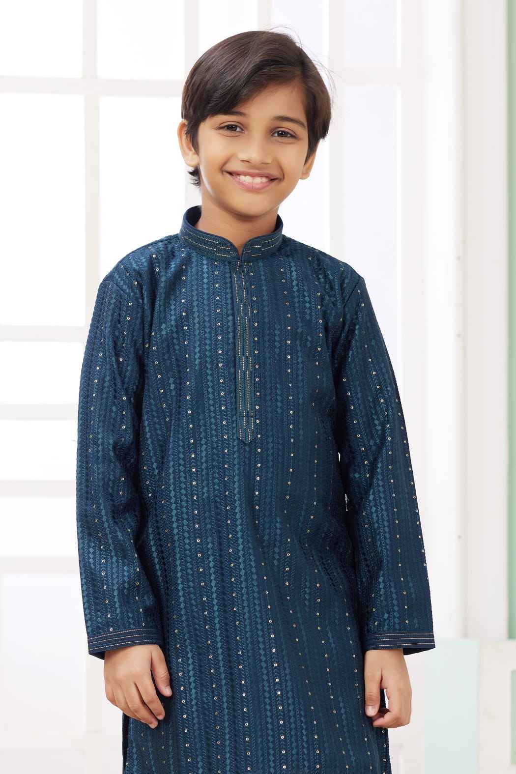 Teal Green Pure Soft Art Banarasi Silk Embroidery Thread Work Boys Kurta Pajama