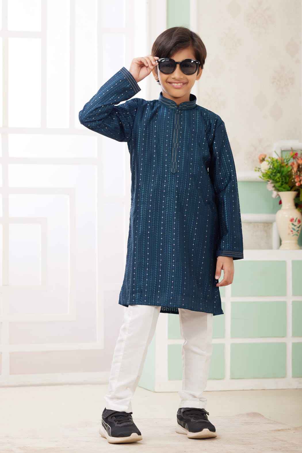 Teal Green Pure Soft Art Banarasi Silk Embroidery Thread Work Boys Kurta Pajama