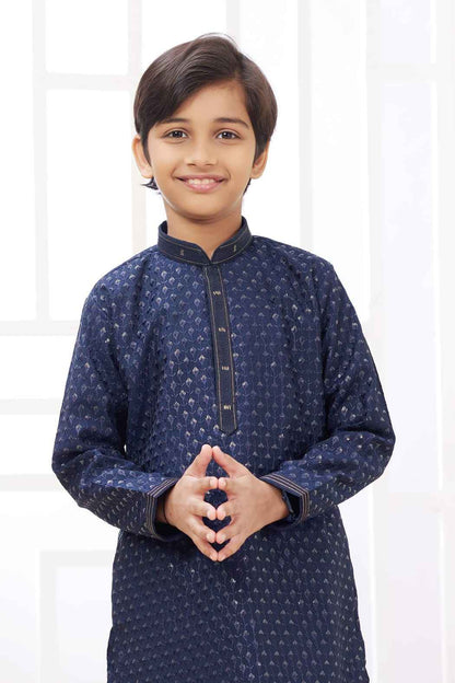 Blue Pure Soft Art Banarasi Silk Embroidery Thread Work Boys Kurta Pajama