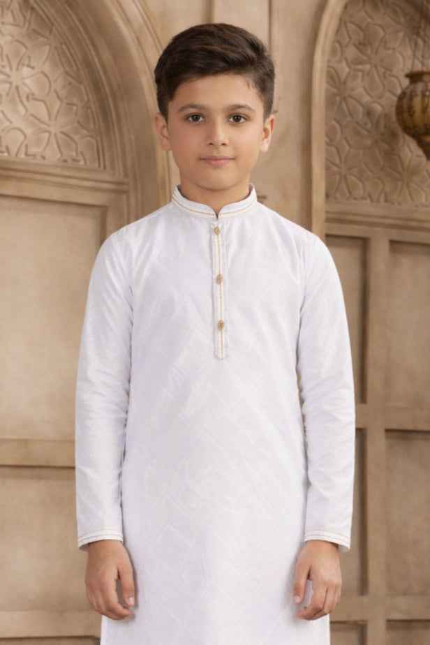 Off White Pure Soft Art Silk Self Broead Boys Kurta Pajama